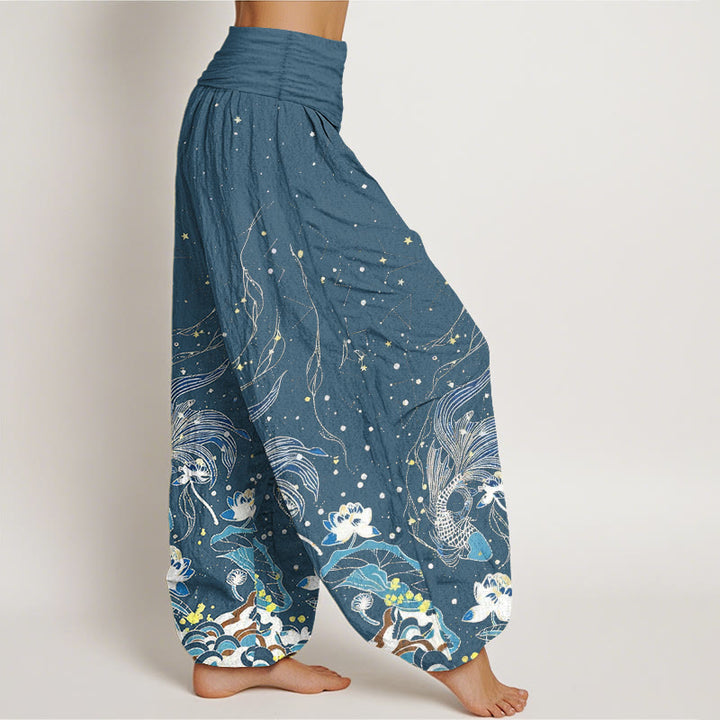 Buddha Stones Pantalones harem de mujer con cintura elástica, estampado de cielo estrellado, peces koi y olas de loto, de algodón. - image 9