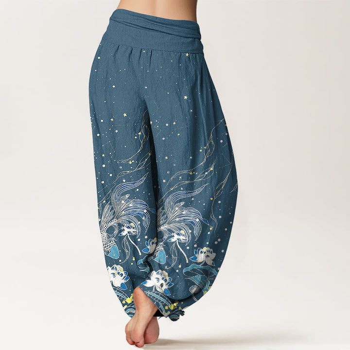 Buddha Stones Pantalones harem de mujer con cintura elástica, estampado de cielo estrellado, peces koi y olas de loto, de algodón. - image 10