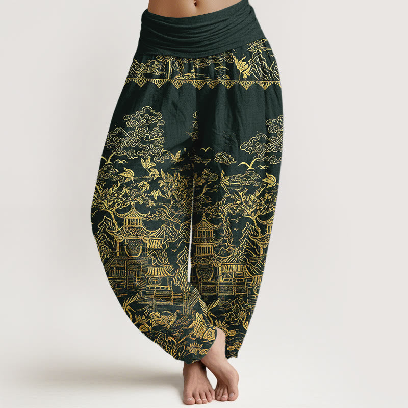 Buddha Stones Pantalones harem de mujer con cintura elástica, estampado de arquitectura clásica, paisaje, animales y nubes auspiciosas, de algodón. - Gris pizarra oscuro - US16，UK/AU20，EU48 (3XL) - image 0