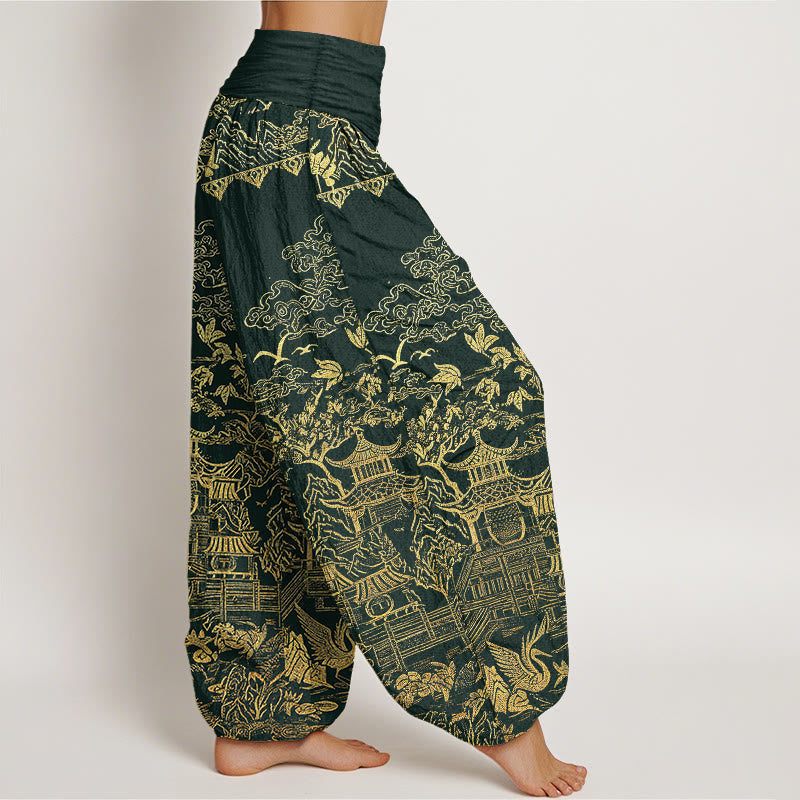 Buddha Stones Pantalones harem de mujer con cintura elástica, estampado de arquitectura clásica, paisaje, animales y nubes auspiciosas, de algodón. - image 1