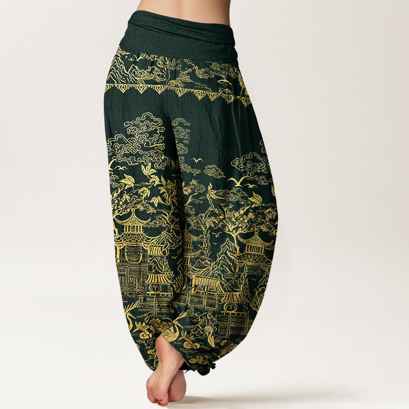Buddha Stones Pantalones harem de mujer con cintura elástica, estampado de arquitectura clásica, paisaje, animales y nubes auspiciosas, de algodón. - image 2