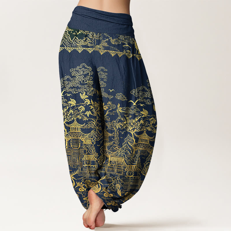 Buddha Stones Pantalones harem de mujer con cintura elástica, estampado de arquitectura clásica, paisaje, animales y nubes auspiciosas, de algodón. - image 7