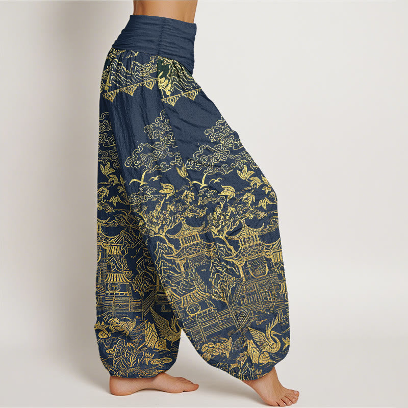Buddha Stones Pantalones harem de mujer con cintura elástica, estampado de arquitectura clásica, paisaje, animales y nubes auspiciosas, de algodón. - image 6