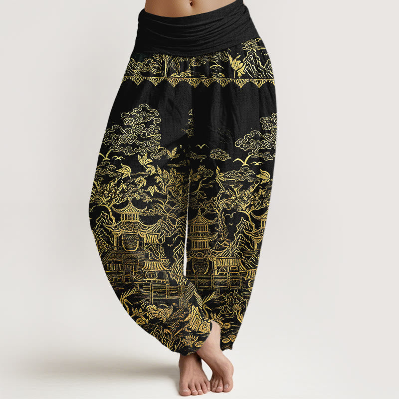Buddha Stones Pantalones harem de mujer con cintura elástica, estampado de arquitectura clásica, paisaje, animales y nubes auspiciosas, de algodón. - Negro - US16，UK/AU20，EU48 (3XL) - image 8
