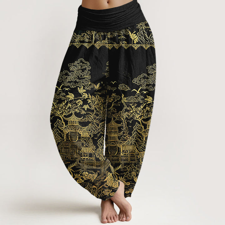 Buddha Stones Pantalones harem de mujer con cintura elástica, estampado de arquitectura clásica, paisaje, animales y nubes auspiciosas, de algodón. - Negro - US16，UK/AU20，EU48 (3XL) - image 8