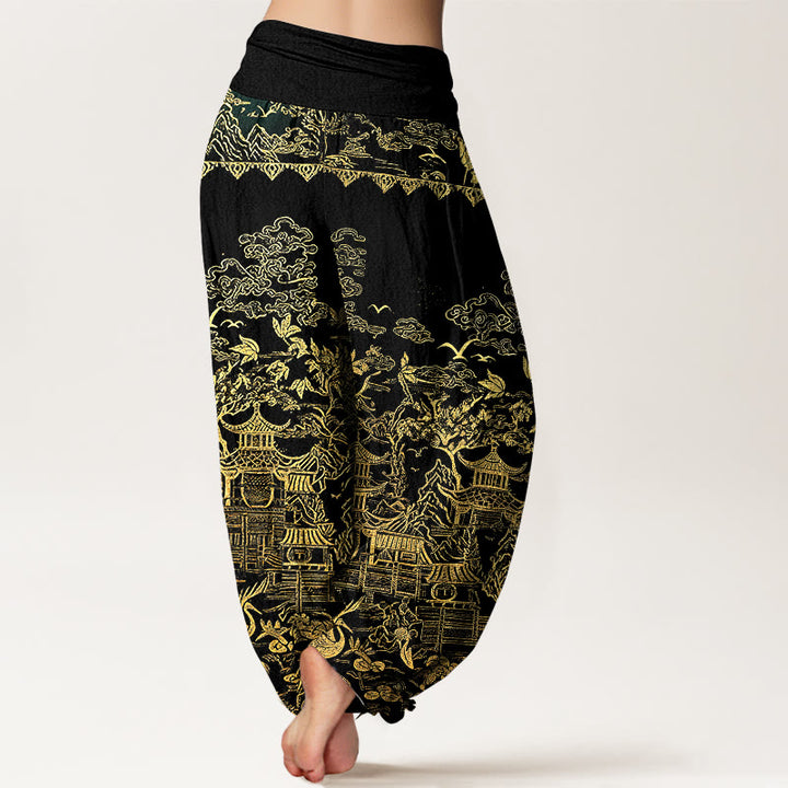 Buddha Stones Pantalones harem de mujer con cintura elástica, estampado de arquitectura clásica, paisaje, animales y nubes auspiciosas, de algodón. - image 10