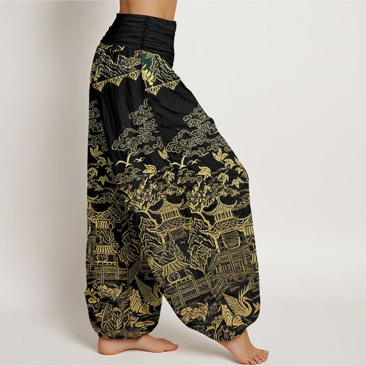 Buddha Stones Pantalones harem de mujer con cintura elástica, estampado de arquitectura clásica, paisaje, animales y nubes auspiciosas, de algodón. - image 9