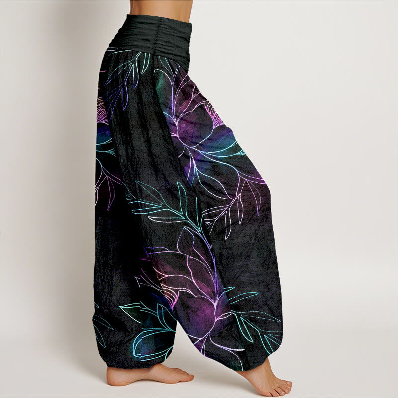 Buddha Stones Pantalones harem de algodón con estampado de ramas de loto neón para mujer con cintura elástica. - image 1