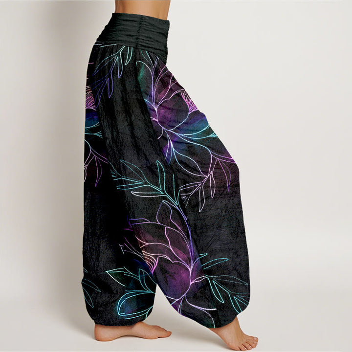 Buddha Stones Pantalones harem de algodón con estampado de ramas de loto neón para mujer con cintura elástica. - image 1