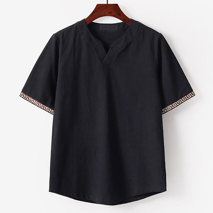 Buddha Stones Camiseta de manga corta con cuello de muesca y bordados para hombre, de algodón y lino, ideal para el verano. - Negro - US./ UK/ 56, UE 66 (9XL) - image 3