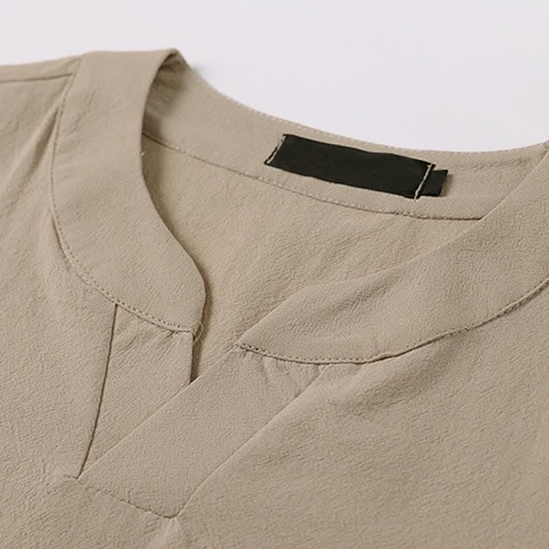 Buddha Stones Camiseta de manga corta con cuello de muesca y bordados para hombre, de algodón y lino, ideal para el verano. - image 6