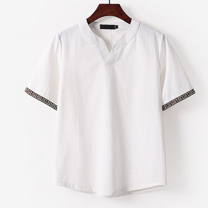 Buddha Stones Camiseta de manga corta con cuello de muesca y bordados para hombre, de algodón y lino, ideal para el verano. - Blanco - US./ UK/ 56, UE 66 (9XL) - image 1