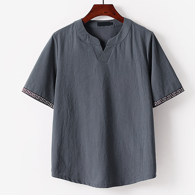 Buddha Stones Camiseta de manga corta con cuello de muesca y bordados para hombre, de algodón y lino, ideal para el verano. - Gris pizarra - US./ UK/ 56, UE 66 (9XL) - image 2