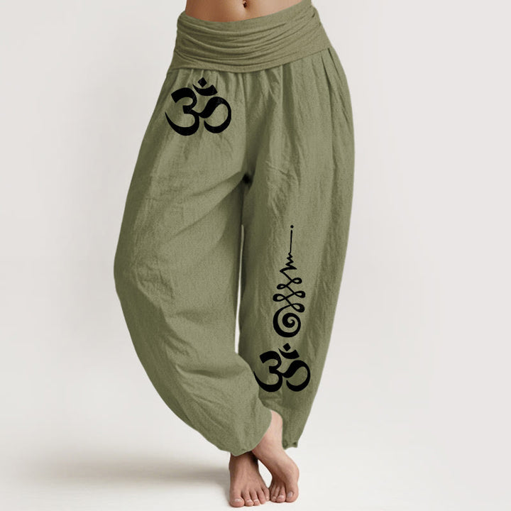 Buddha Stones Pantalones harem de mujer con cintura elástica y estampado Cotton Calm OM Energy Lines. - Verde oliva - US16，UK/AU20，EU48 (3XL) - image 14
