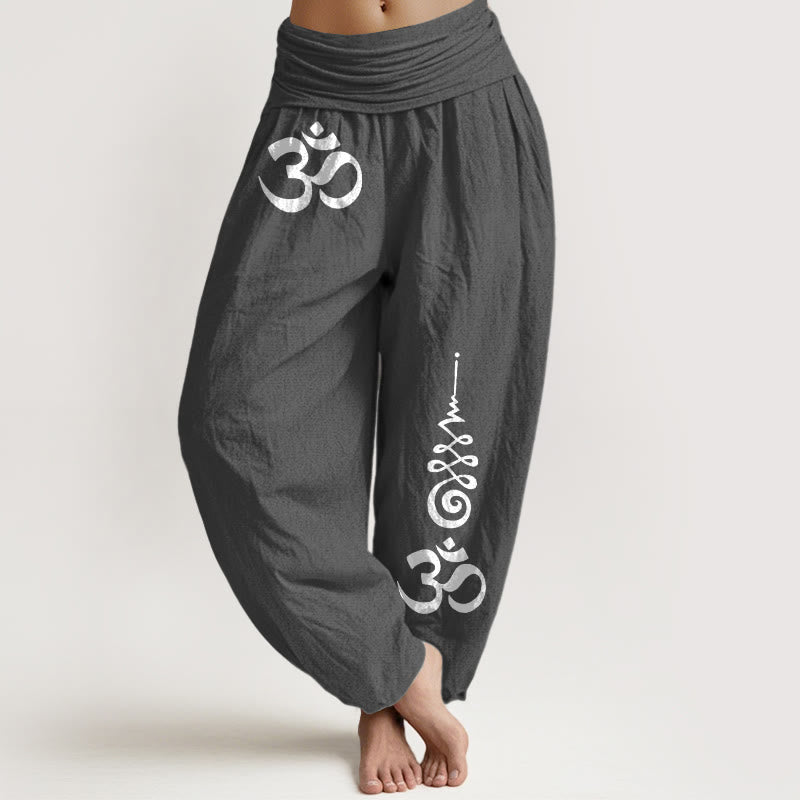 Buddha Stones Pantalones harem de mujer con cintura elástica y estampado Cotton Calm OM Energy Lines. - Gris oscuro - US16，UK/AU20，EU48 (3XL) - image 8