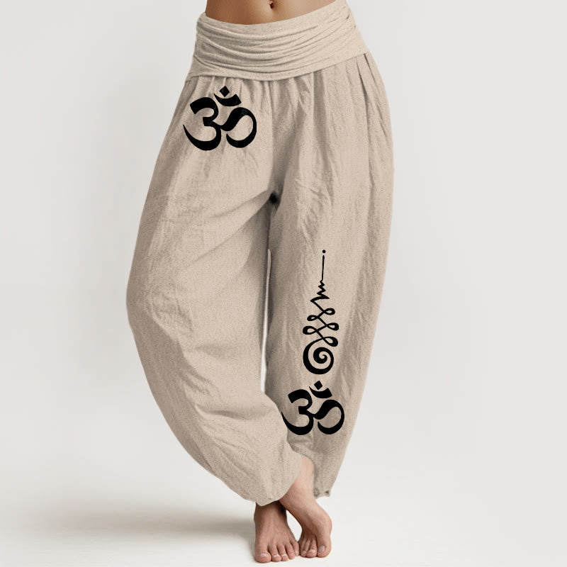 Buddha Stones Pantalones harem de mujer con cintura elástica y estampado Cotton Calm OM Energy Lines. - Broncearse - US16，UK/AU20，EU48 (3XL) - image 11