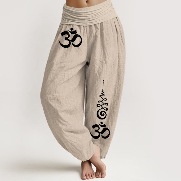 Buddha Stones Pantalones harem de mujer con cintura elástica y estampado Cotton Calm OM Energy Lines. - Broncearse - US16，UK/AU20，EU48 (3XL) - image 11