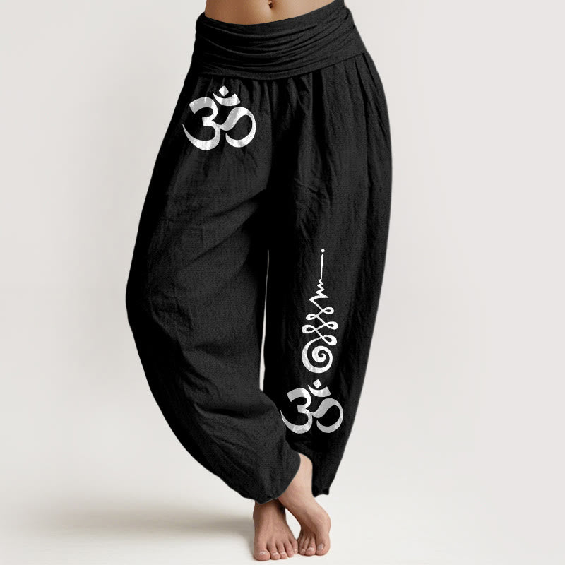 Buddha Stones Pantalones harem de mujer con cintura elástica y estampado Cotton Calm OM Energy Lines. - Negro - US16，UK/AU20，EU48 (3XL) - image 0