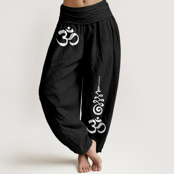 Buddha Stones Pantalones harem de mujer con cintura elástica y estampado Cotton Calm OM Energy Lines. - Negro - US16，UK/AU20，EU48 (3XL) - image 0