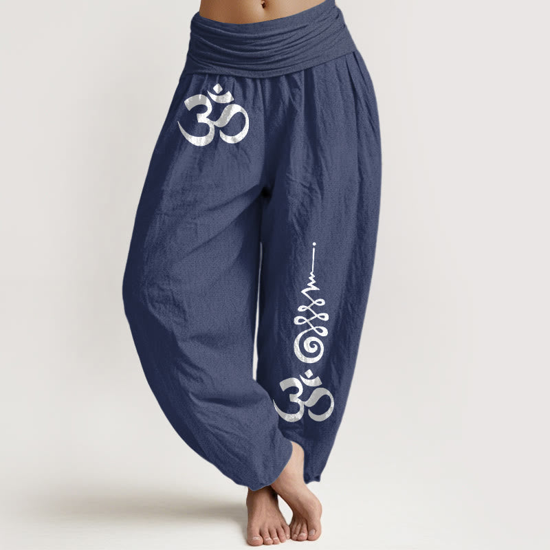 Buddha Stones Pantalones harem de mujer con cintura elástica y estampado Cotton Calm OM Energy Lines. - Azul pizarra oscuro - US16，UK/AU20，EU48 (3XL) - image 5