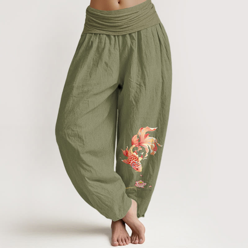 Buddha Stones Pantalones harem de cintura elástica para mujer con estampado de peces koi y loto de Cotton Luck - Verde oliva - US16，UK/AU20，EU48 (3XL) - image 14