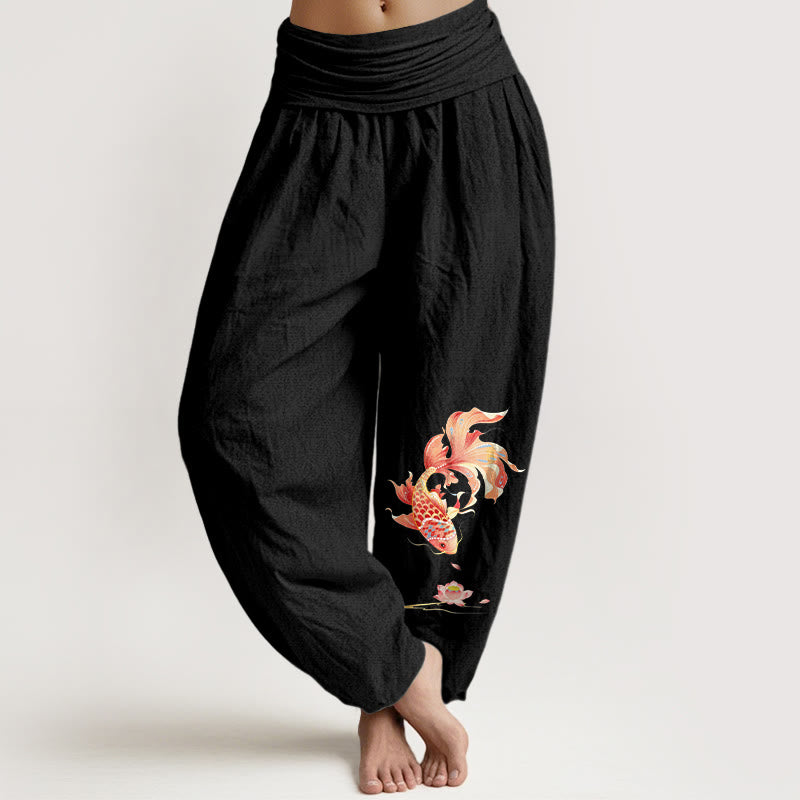 Buddha Stones Pantalones harem de cintura elástica para mujer con estampado de peces koi y loto de Cotton Luck - Negro - US16，UK/AU20，EU48 (3XL) - image 0