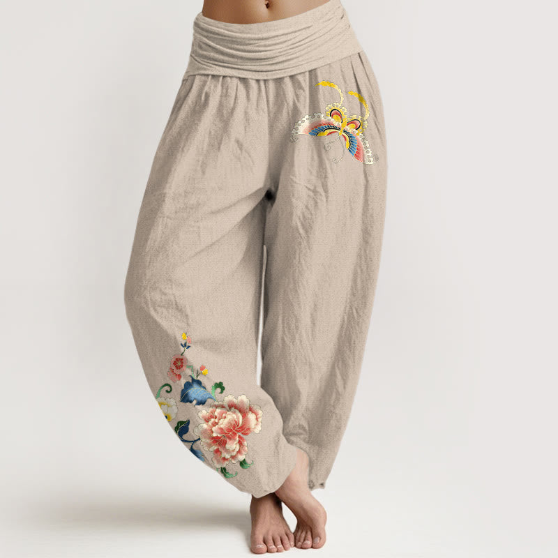 Buddha Stones Pantalones harem de algodón con estampado de mariposas y flores de peonía para mujer con cintura elástica. - Broncearse - US16，UK/AU20，EU48 (3XL) - image 14