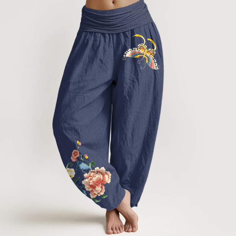 Pantalones harem de mujer con cintura elástica, estampado de Buddha Stones, algodón y diseño auspicioso. - Azul pizarra oscuro - US16，UK/AU20，EU48 (3XL) - image 8