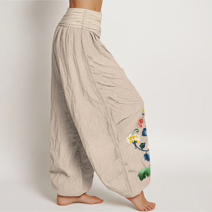 Buddha Stones Pantalones harem de algodón con estampado de mariposas y flores de peonía para mujer con cintura elástica. - image 15