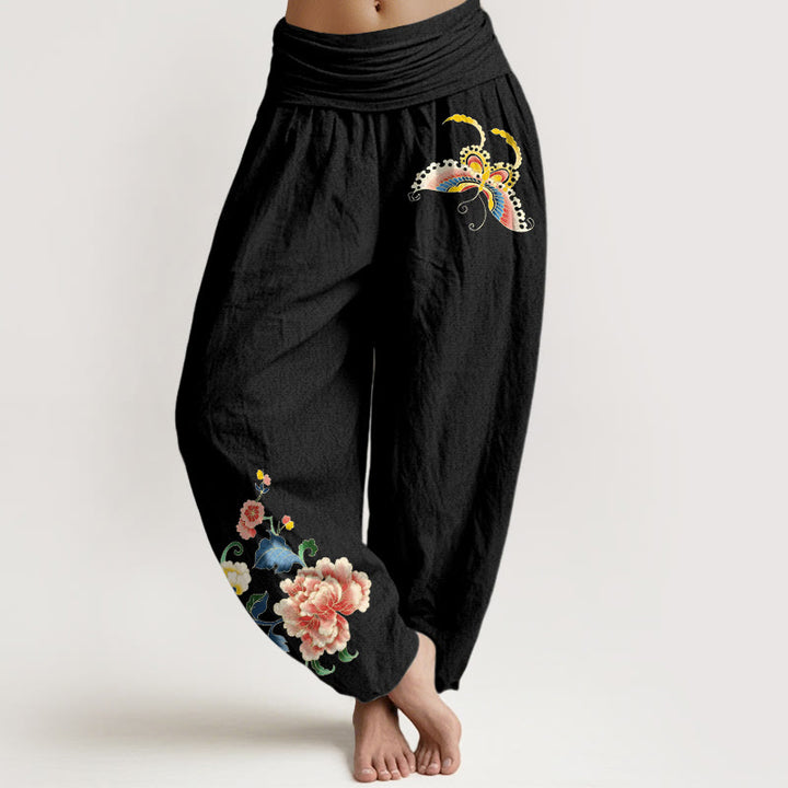 Pantalones harem de mujer con cintura elástica, estampado de Buddha Stones, algodón y diseño auspicioso. - Negro - US16，UK/AU20，EU48 (3XL) - image 5