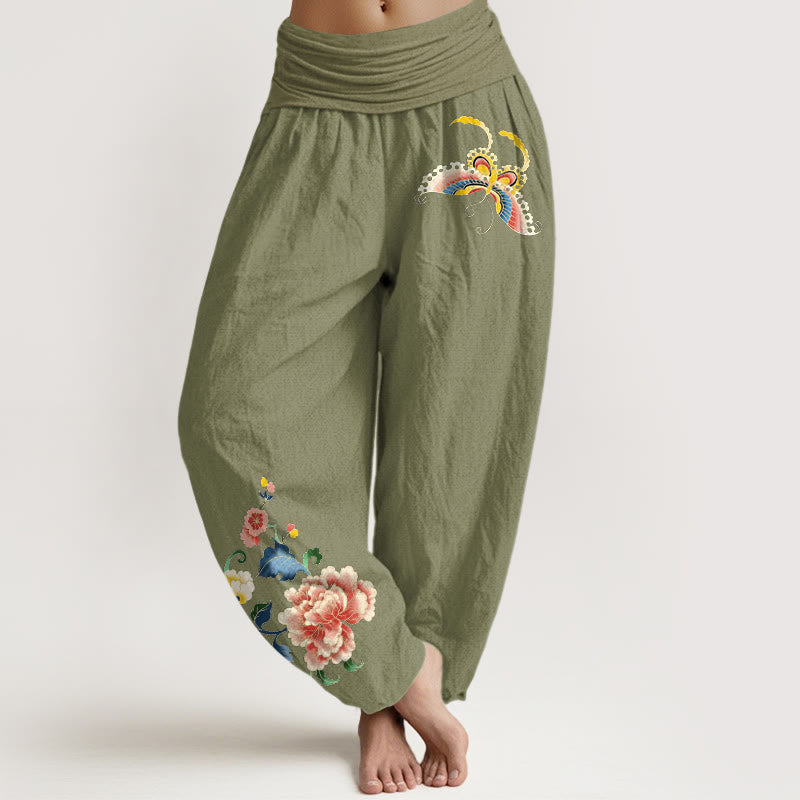 Buddha Stones Pantalones harem de algodón con estampado de mariposas y flores de peonía para mujer con cintura elástica. - Verde oliva - US16，UK/AU20，EU48 (3XL) - image 0