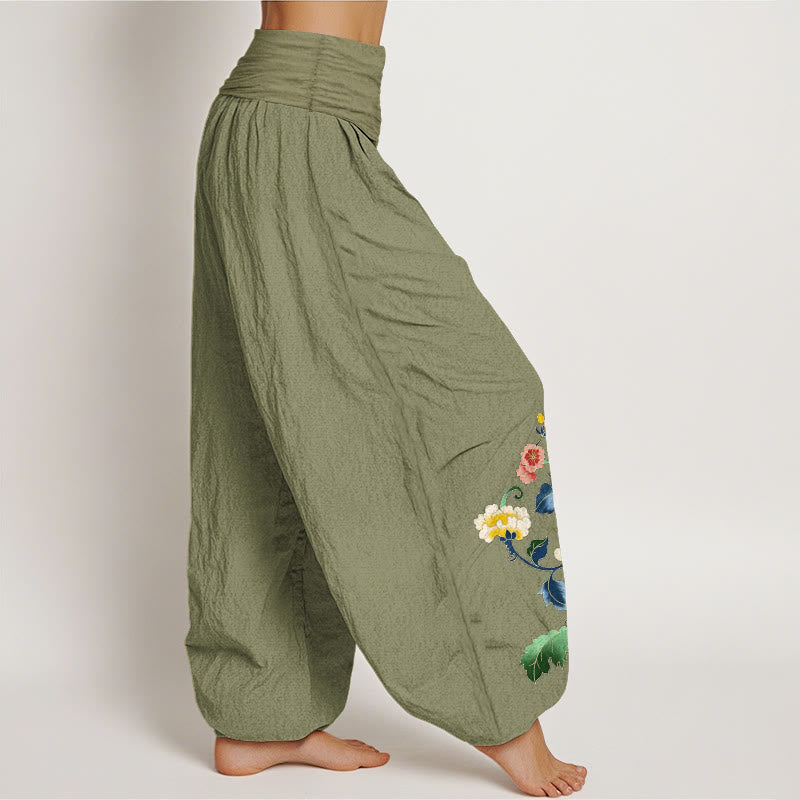 Buddha Stones Pantalones harem de algodón con estampado de mariposas y flores de peonía para mujer con cintura elástica. - image 1