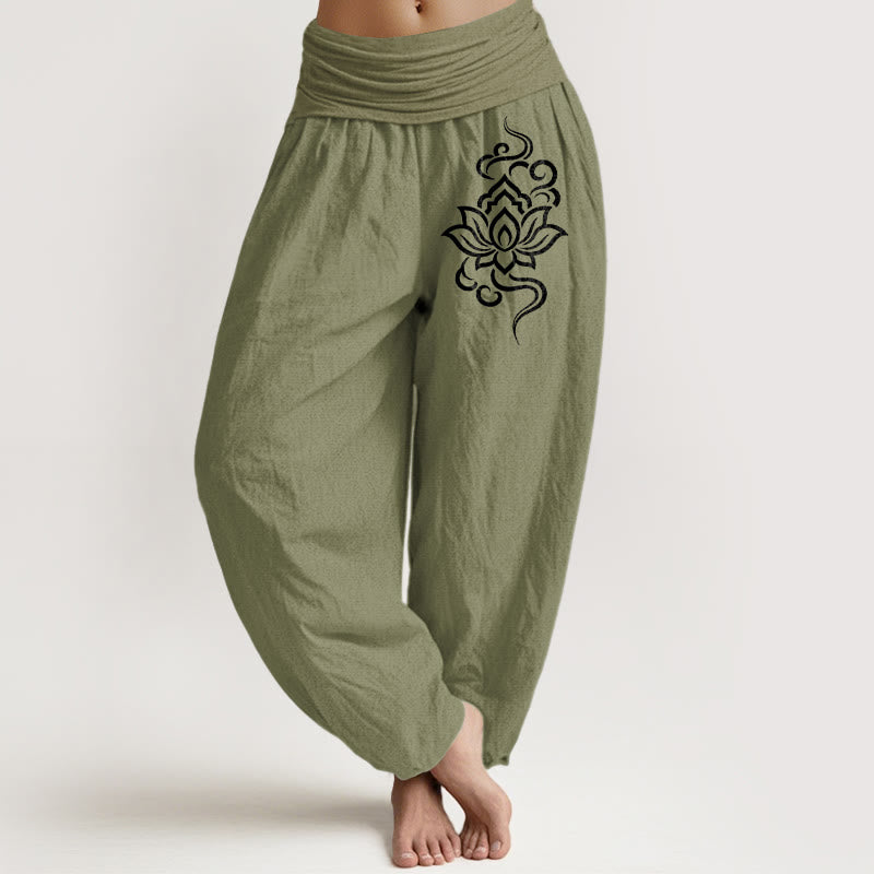 Buddha Stones Pantalones harem de algodón con estampado sencillo de loto y cintura elástica para mujer. - Verde oliva - US16，UK/AU20，EU48 (3XL) - image 14