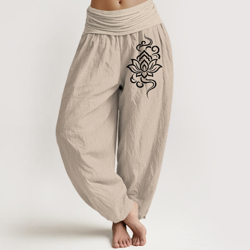 Buddha Stones Pantalones harem de algodón con estampado sencillo de loto y cintura elástica para mujer. - Broncearse - US16，UK/AU20，EU48 (3XL) - image 0