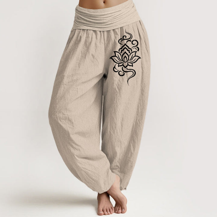Buddha Stones Pantalones harem de algodón con estampado sencillo de loto y cintura elástica para mujer. - Broncearse - US16，UK/AU20，EU48 (3XL) - image 0
