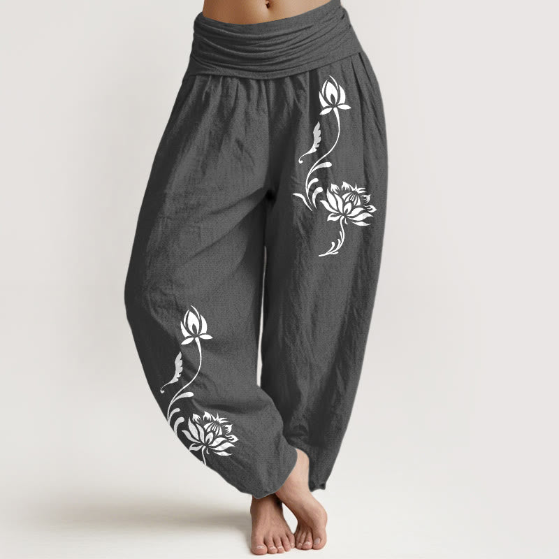 Buddha Stones Pantalones harem de mujer con cintura elástica y estampado de pétalos de loto de algodón. - Gris oscuro - US16，UK/AU20，EU48 (3XL) - image 8