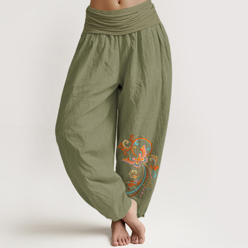Buddha Stones Pantalones harem de mujer con cintura elástica y estampado de mariposas y nubes auspiciosas, sin algodón. - Verde oliva - US16，UK/AU20，EU48 (3XL) - image 14