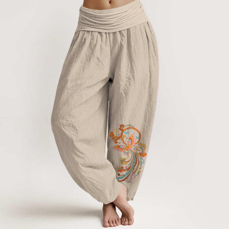 Buddha Stones Pantalones harem de mujer con cintura elástica y estampado de mariposas y nubes auspiciosas, sin algodón. - Broncearse - US16，UK/AU20，EU48 (3XL) - image 11
