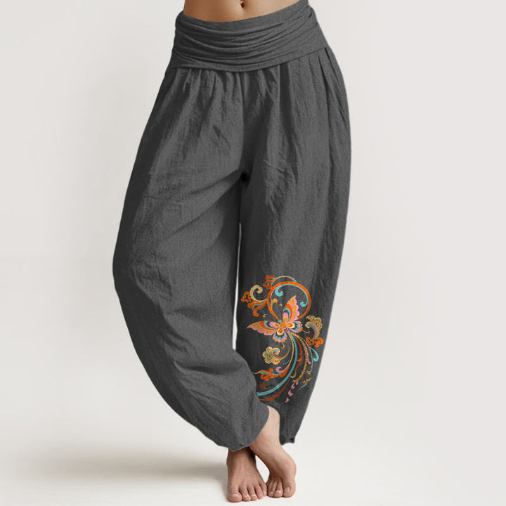 Buddha Stones Pantalones harem de mujer con cintura elástica y estampado de mariposas y nubes auspiciosas, sin algodón. - Gris oscuro - US16，UK/AU20，EU48 (3XL) - image 8
