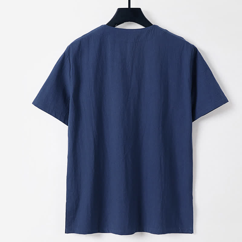 Buddha Stones Camiseta de manga corta de algodón y lino para hombre, color liso, con botones de rana y cuello con muescas. - image 4