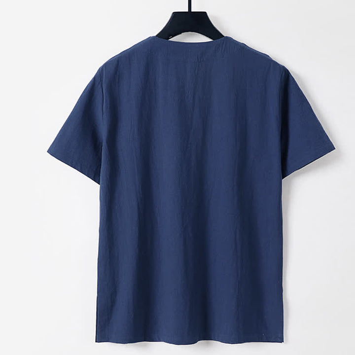 Buddha Stones Camiseta de manga corta de algodón y lino para hombre, color liso, con botones de rana y cuello con muescas. - image 4