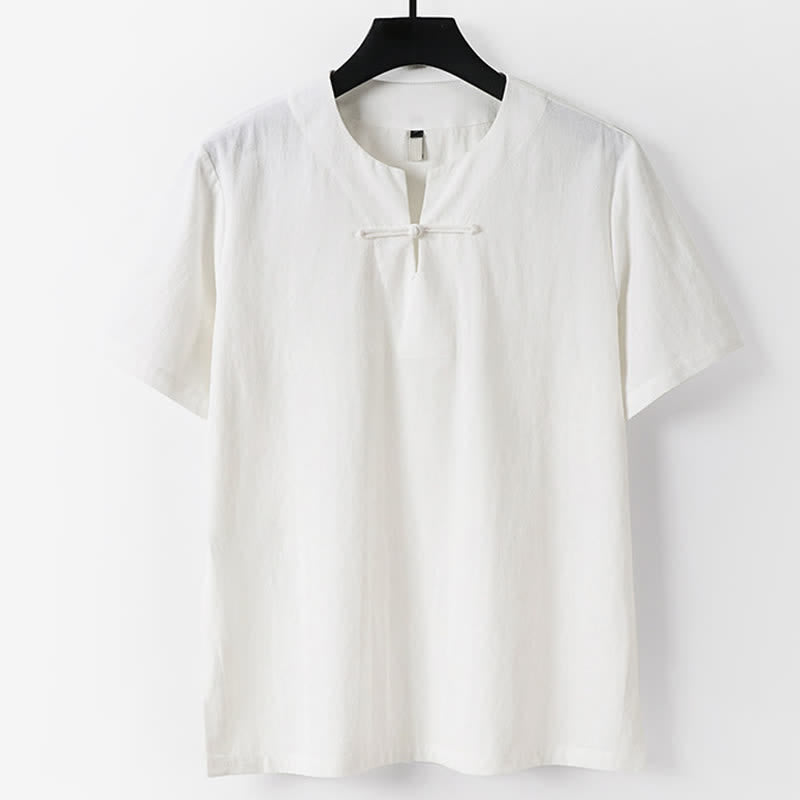 Buddha Stones Camiseta de manga corta de algodón y lino para hombre, color liso, con botones de rana y cuello con muescas. - Blanco - US./ UK/ 56, UE 66 (9XL) - image 1