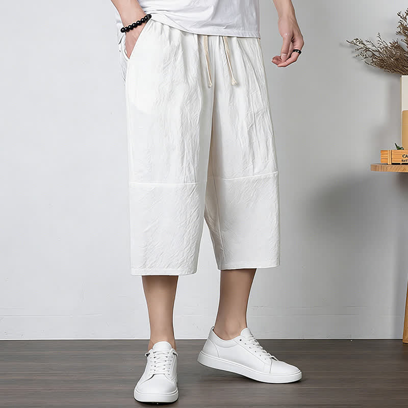 Buddha Stones Pantalones capri lisos de algodón y lino para hombre con cordón ajustable y bolsillos. - image 8