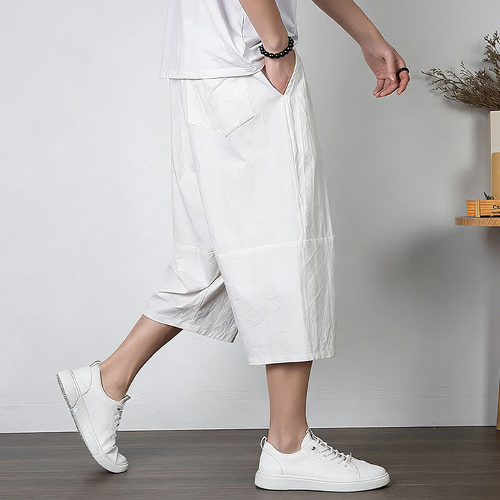 Buddha Stones Pantalones capri lisos de algodón y lino para hombre con cordón ajustable y bolsillos. - image 7