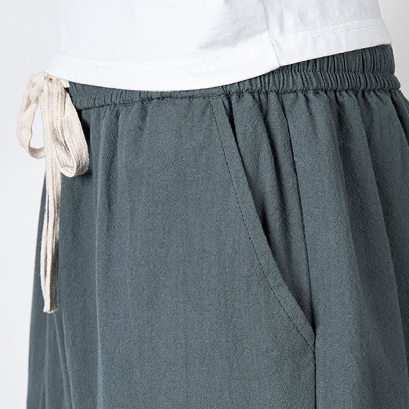 Buddha Stones Pantalones capri lisos de algodón y lino para hombre con cordón ajustable y bolsillos. - image 3