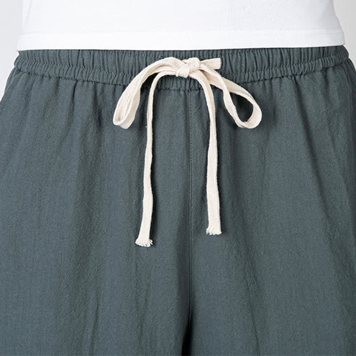 Buddha Stones Pantalones capri lisos de algodón y lino para hombre con cordón ajustable y bolsillos. - image 2