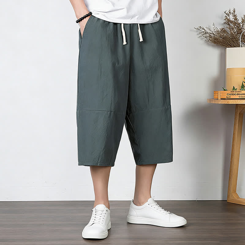 Buddha Stones Pantalones capri lisos de algodón y lino para hombre con cordón ajustable y bolsillos. - image 1