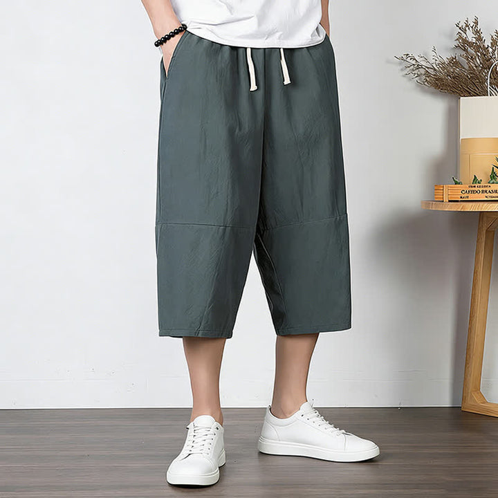 Buddha Stones Pantalones capri lisos de algodón y lino para hombre con cordón ajustable y bolsillos. - image 1