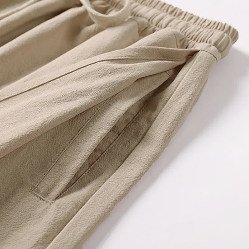 Buddha Stones Pantalones capri de algodón y lino para hombre, de pierna ancha, con bolsillos, bordados y largos, ideales para el verano. - image 8