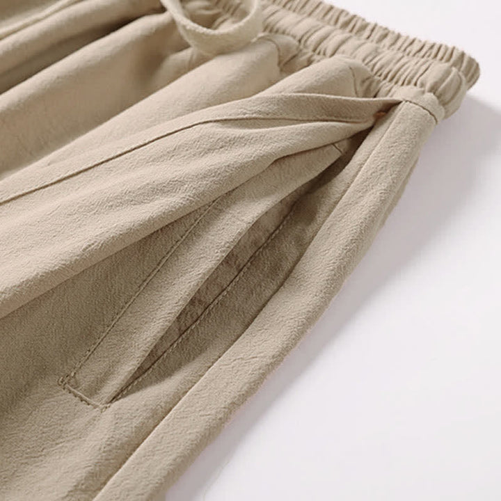 Buddha Stones Pantalones capri de algodón y lino para hombre, de pierna ancha, con bolsillos, bordados y largos, ideales para el verano. - image 8